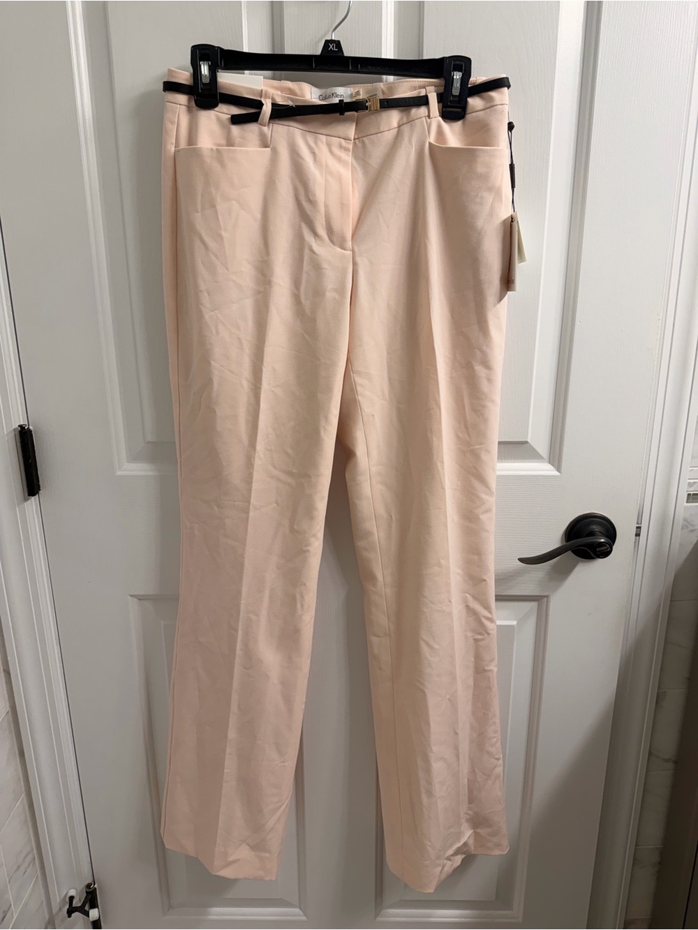 Calvin Klein Blush Straight-Leg Dress Pants with black and gold belt